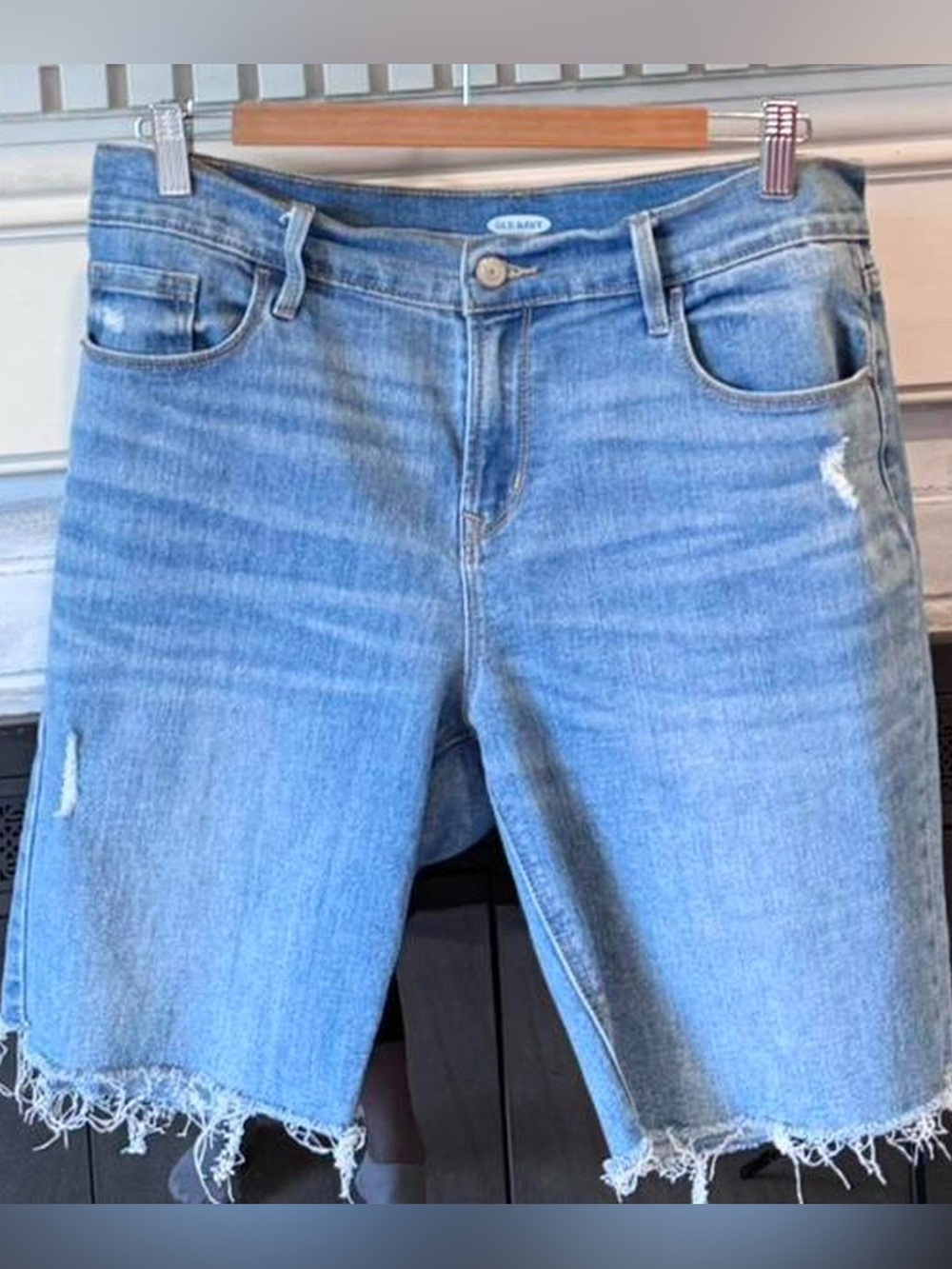 Old Navy Bermuda Denim Shorts Raw Hem Distressed Size 12